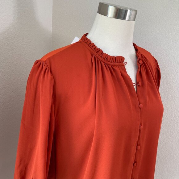NEW ANN TAYLOR Womens XL Burnt Orange Button Up Ruffle Neck Blouse Shirt - Picture 4 of 12
